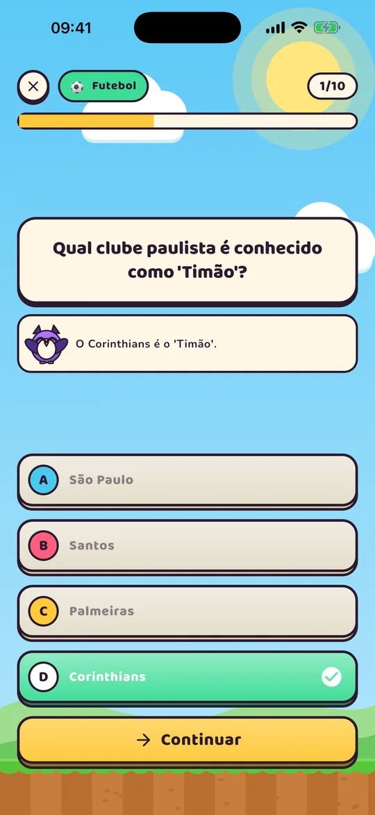 Resposta correta destacada em verde com explicação da coruja